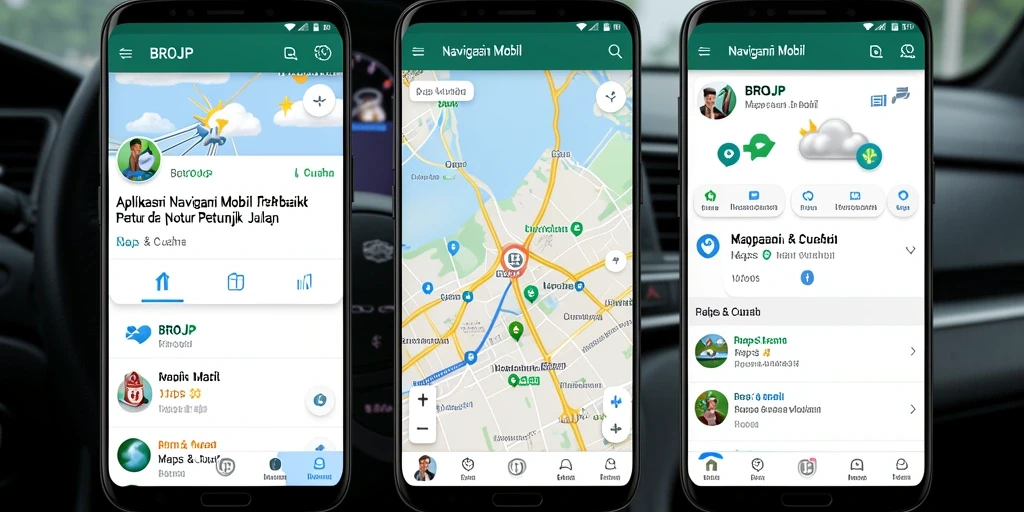 Tampilan antarmuka aplikasi <strong>BROJP</strong> untuk navigasi mobil yang sederhana dan informatif.