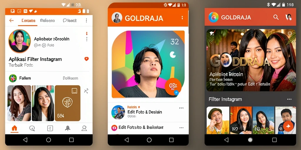 Antarmuka aplikasi GOLDRAJA dengan berbagai pilihan filter Instagram.