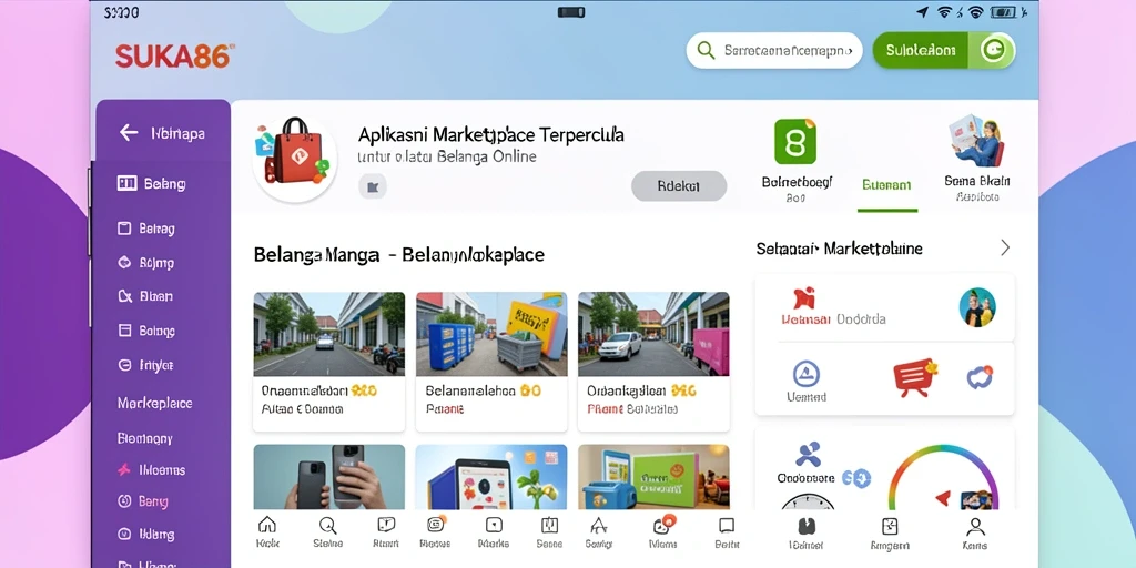 Antarmuka aplikasi SUKA86 dengan fitur Marketplace yang lengkap.